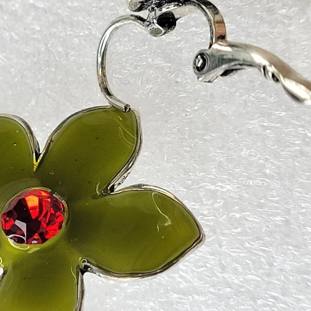 Green Enamel Flower Earrings with Red Rhinestone - Picture 6 of 10
